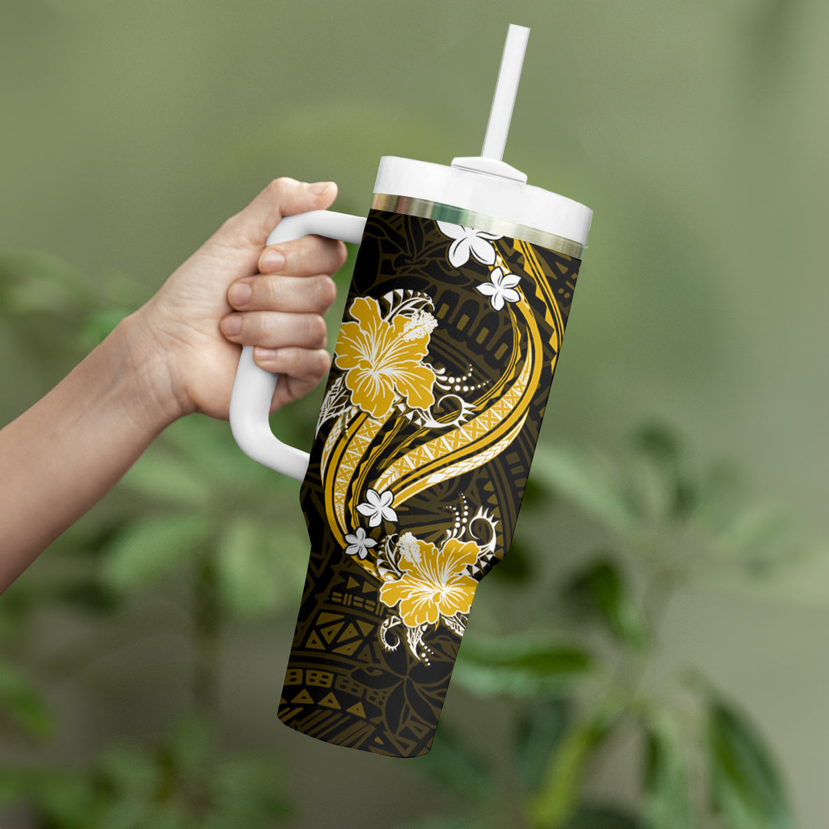 Gold Polynesian Pattern With Tropical Flowers Tumbler With Handle LT05 - Polynesian Pride