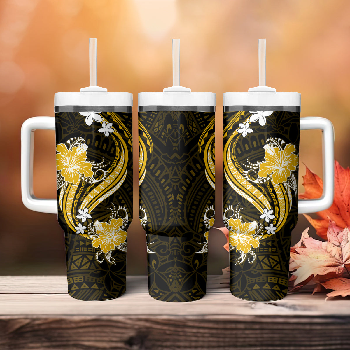 Gold Polynesian Pattern With Tropical Flowers Tumbler With Handle LT05 - Polynesian Pride