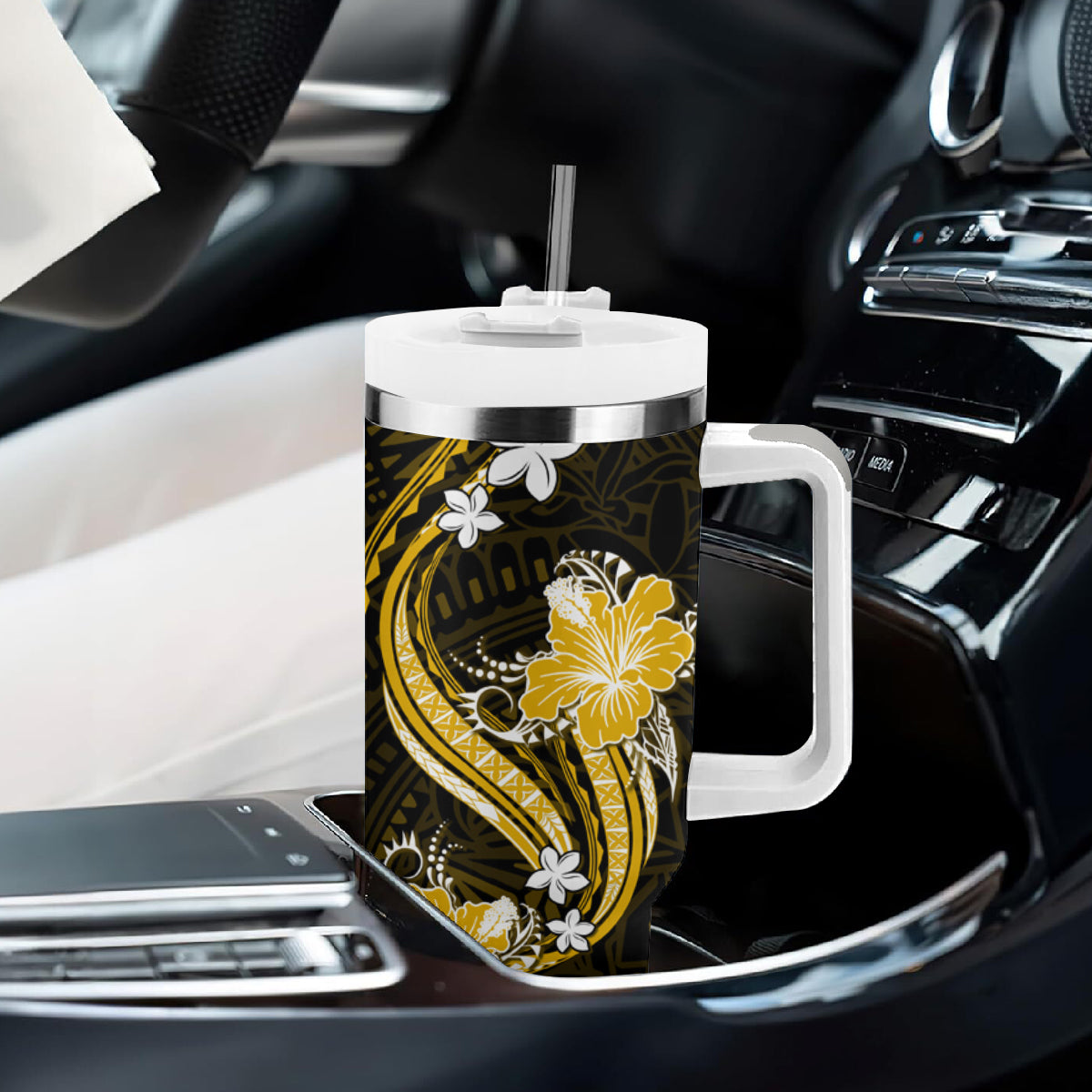 Gold Polynesian Pattern With Tropical Flowers Tumbler With Handle LT05 - Polynesian Pride