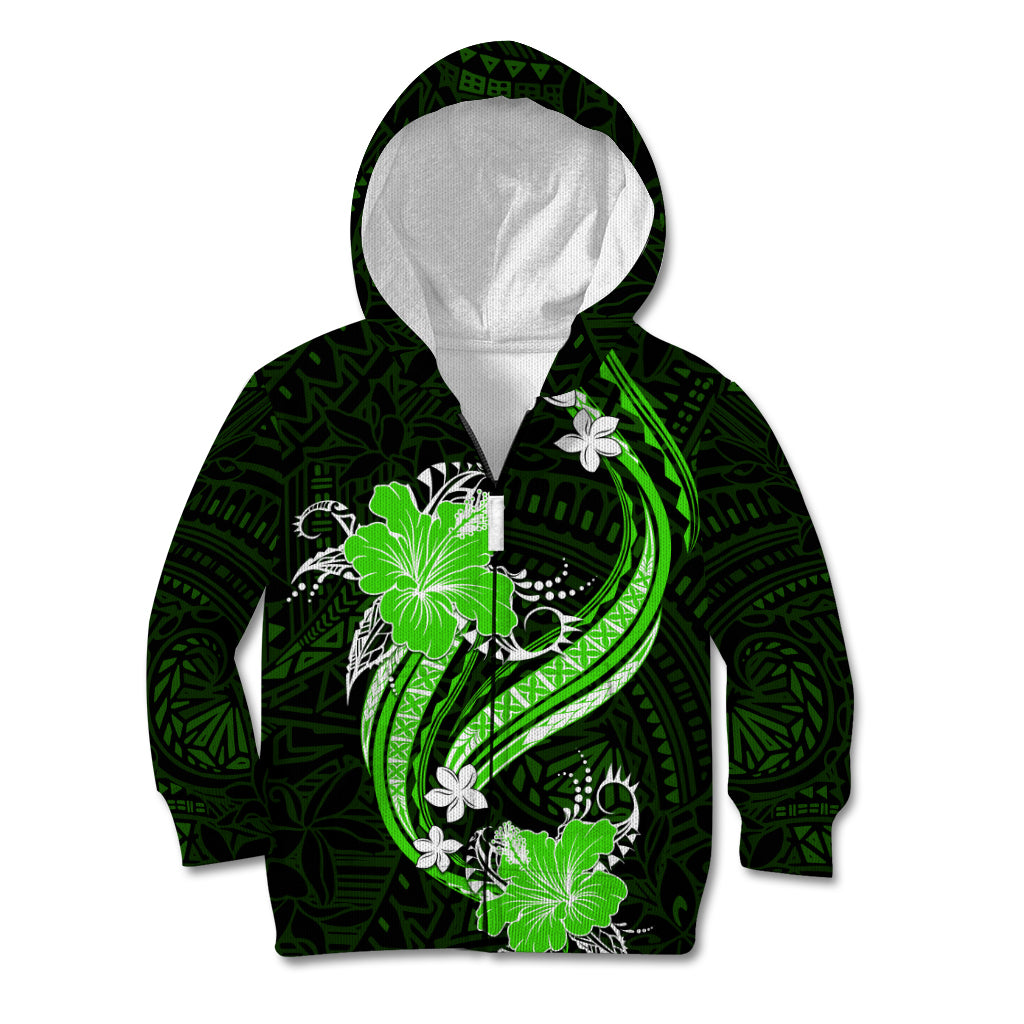 Green Polynesian Pattern With Tropical Flowers Kid Hoodie LT05 - Polynesian Pride