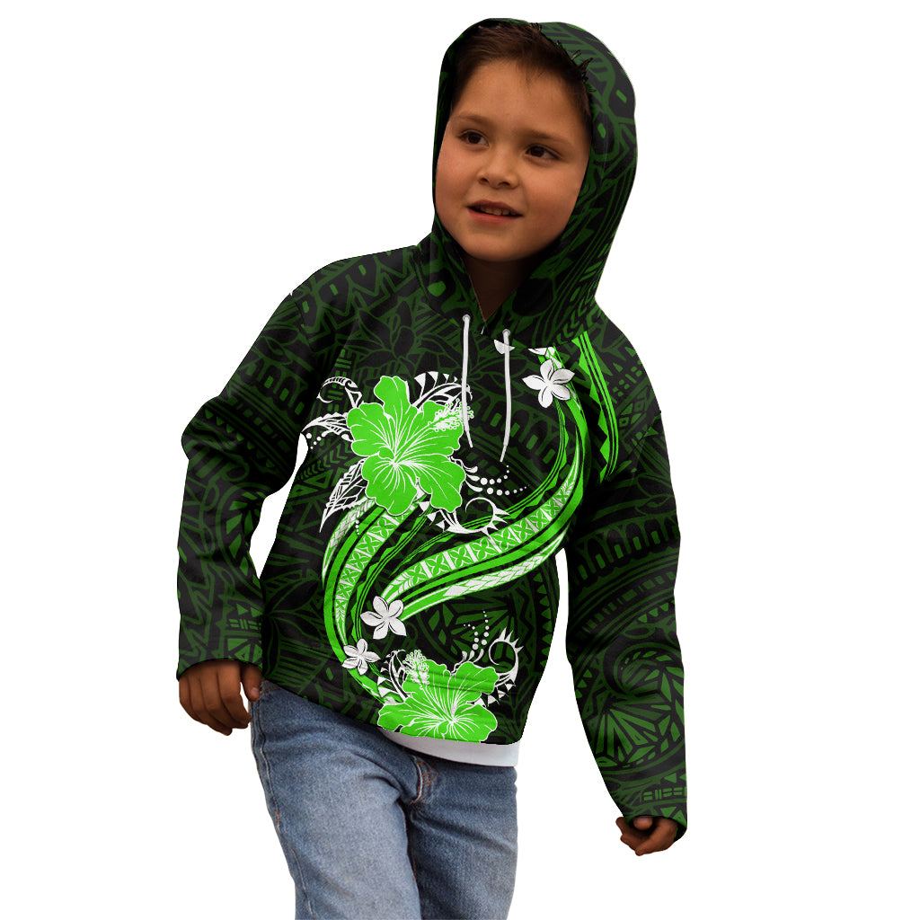 Green Polynesian Pattern With Tropical Flowers Kid Hoodie LT05 - Polynesian Pride