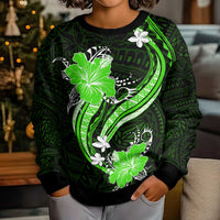 Green Polynesian Pattern With Tropical Flowers Kid Ugly Christmas Sweater LT05 - Polynesian Pride
