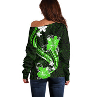 Green Polynesian Pattern With Tropical Flowers Off Shoulder Sweater LT05 - Polynesian Pride
