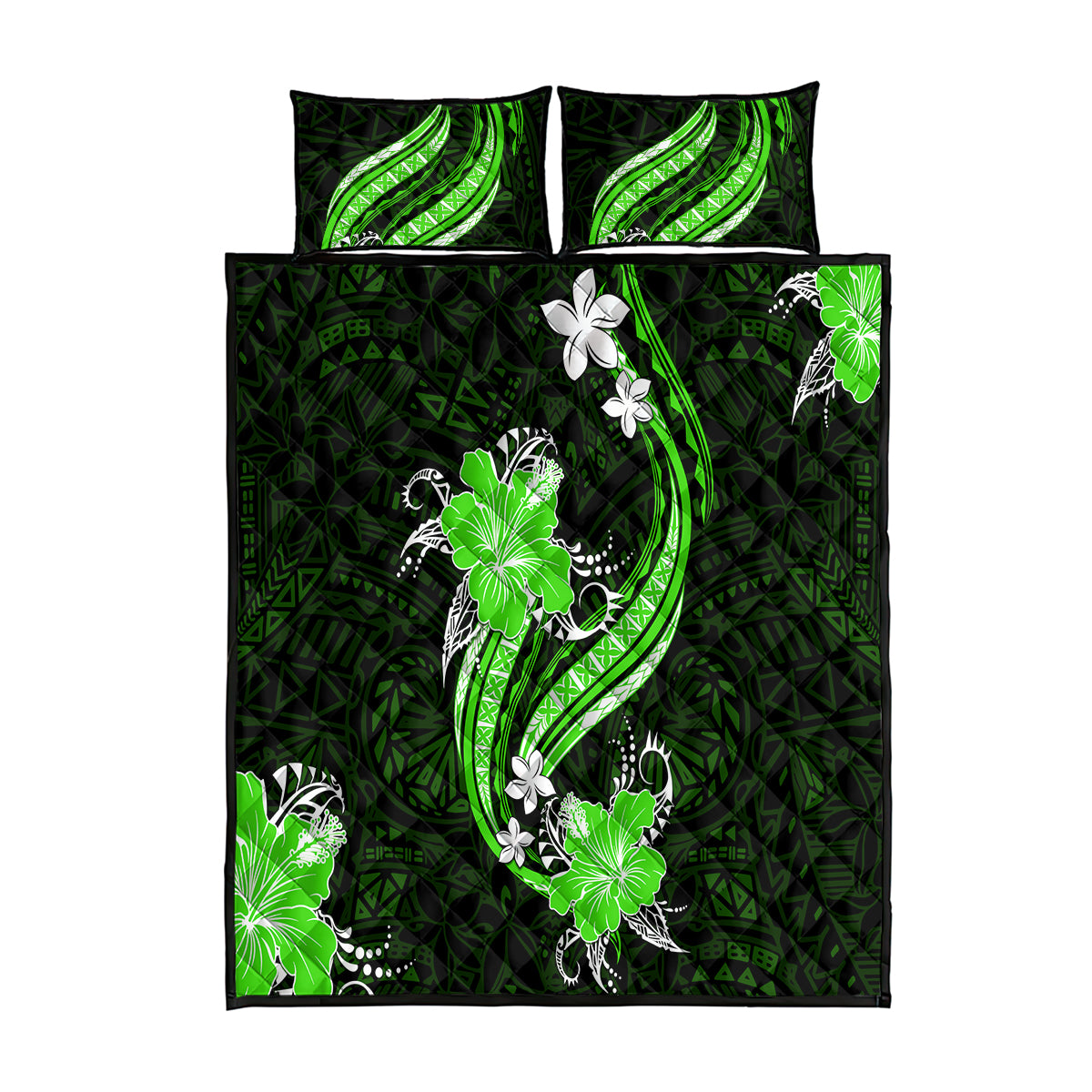 Green Polynesian Pattern With Tropical Flowers Quilt Bed Set LT05 Green - Polynesian Pride