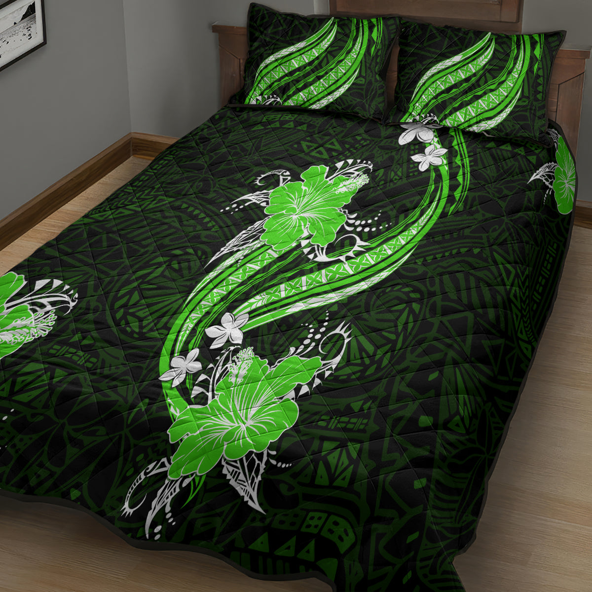 Green Polynesian Pattern With Tropical Flowers Quilt Bed Set LT05 - Polynesian Pride