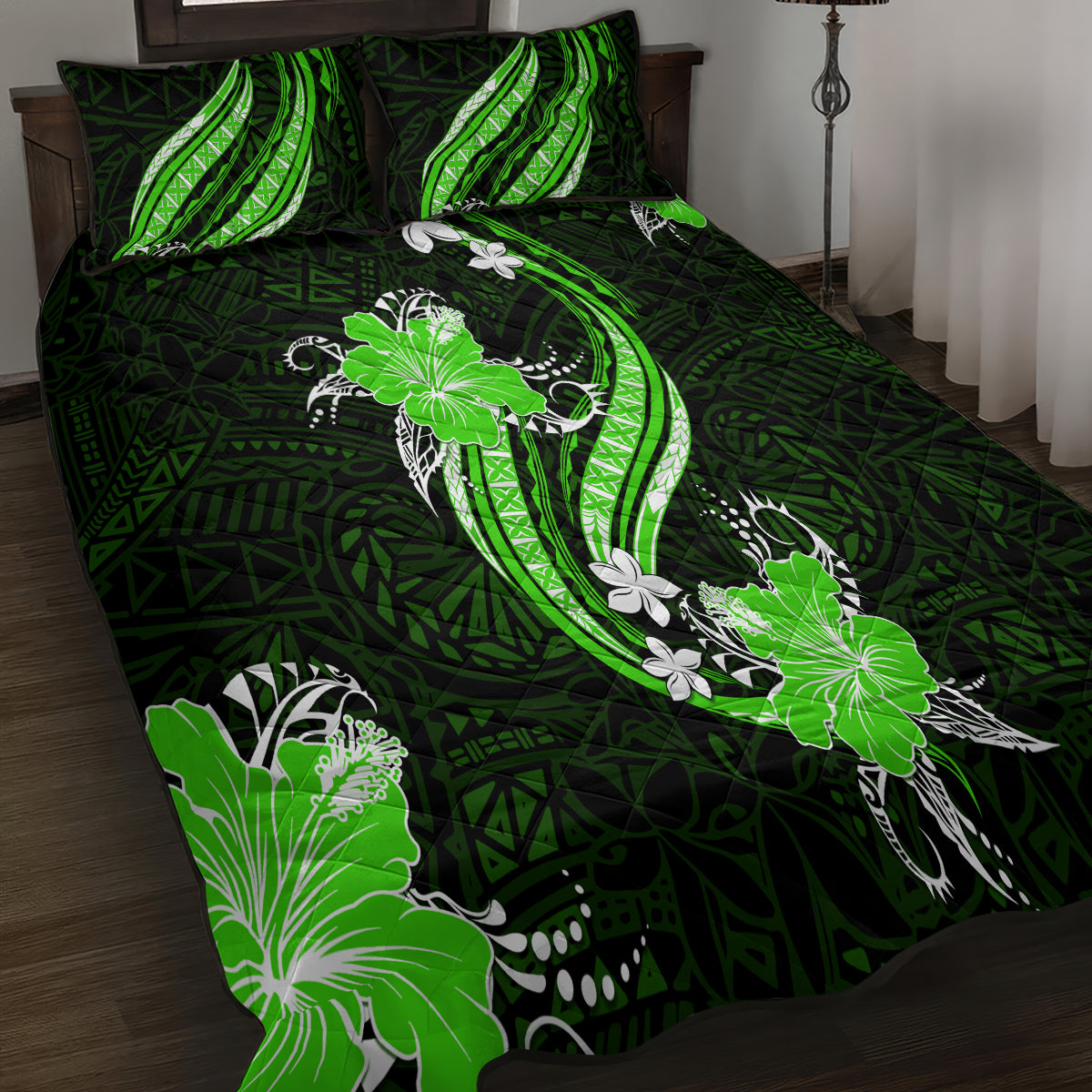 Green Polynesian Pattern With Tropical Flowers Quilt Bed Set LT05 - Polynesian Pride