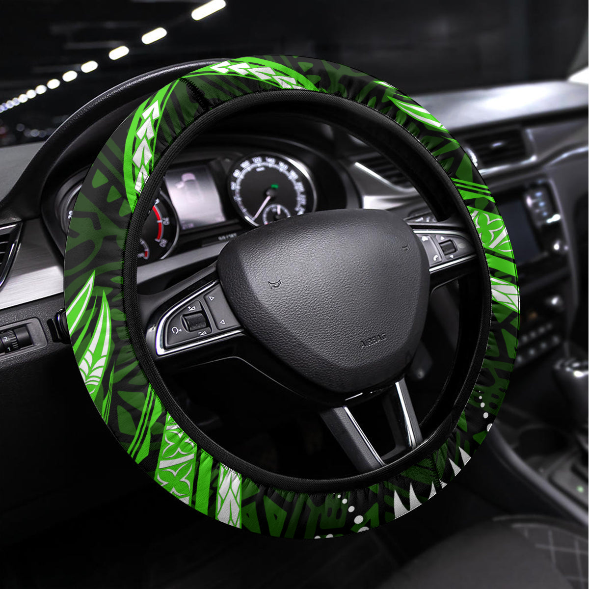 Green Polynesian Pattern With Tropical Flowers Steering Wheel Cover