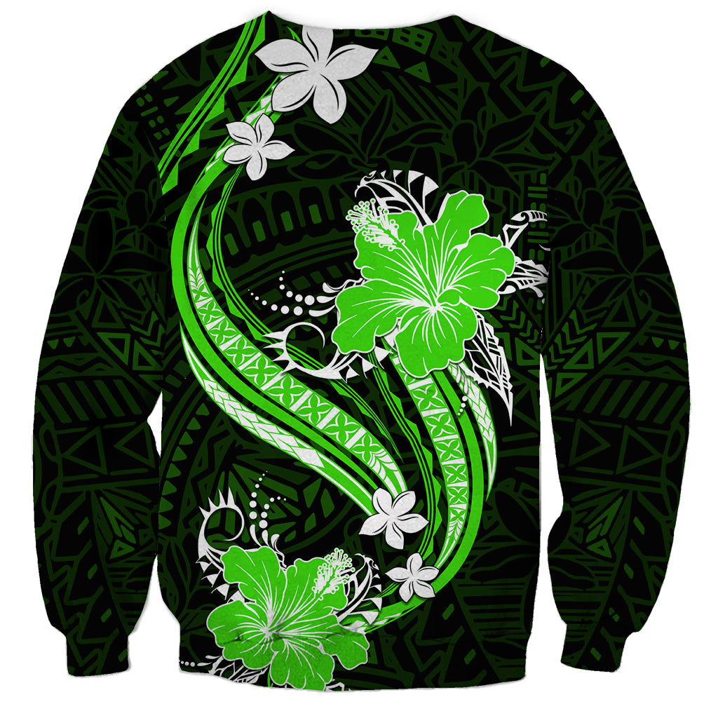 Green Polynesian Pattern With Tropical Flowers Sweatshirt LT05 - Polynesian Pride