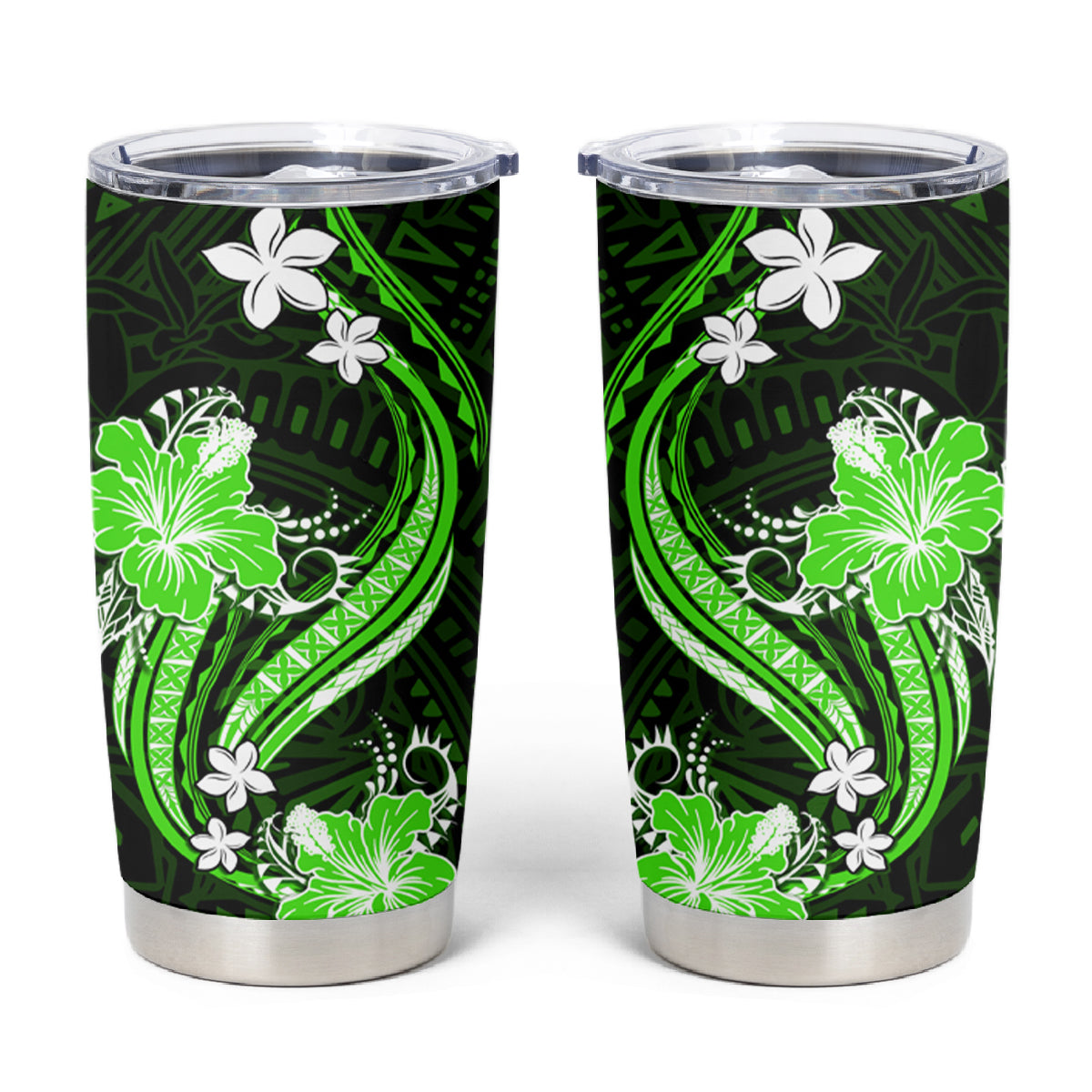 Green Polynesian Pattern With Tropical Flowers Tumbler Cup LT05 Green - Polynesian Pride