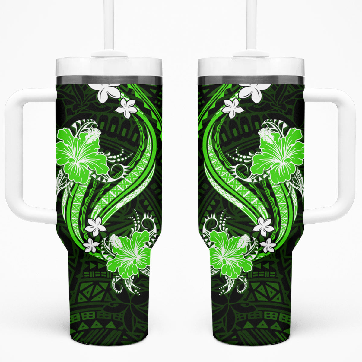 Green Polynesian Pattern With Tropical Flowers Tumbler With Handle LT05 One Size: 40 oz Green - Polynesian Pride