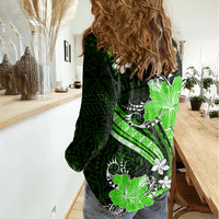 Green Polynesian Pattern With Tropical Flowers Women Casual Shirt LT05 - Polynesian Pride