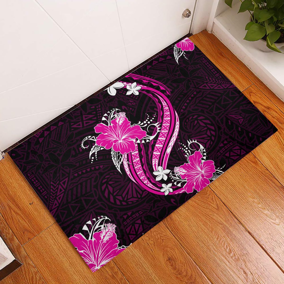Pink Polynesian Pattern With Tropical Flowers Rubber Doormat LT05 Pink - Polynesian Pride