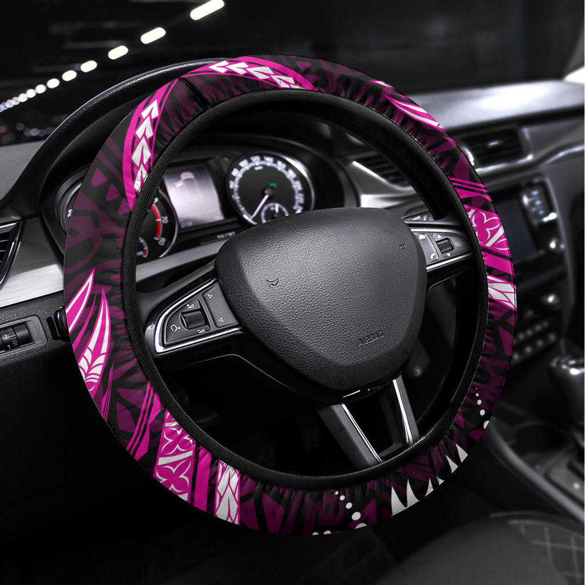 Pink Polynesian Pattern With Tropical Flowers Steering Wheel Cover