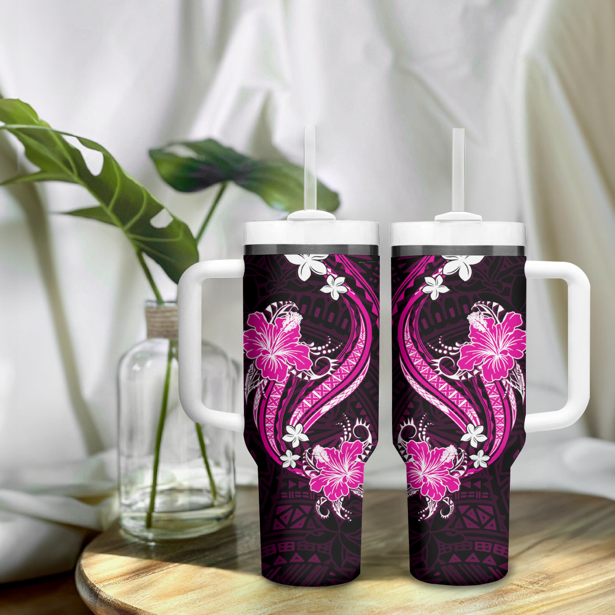 Pink Polynesian Pattern With Tropical Flowers Tumbler With Handle LT05 - Polynesian Pride