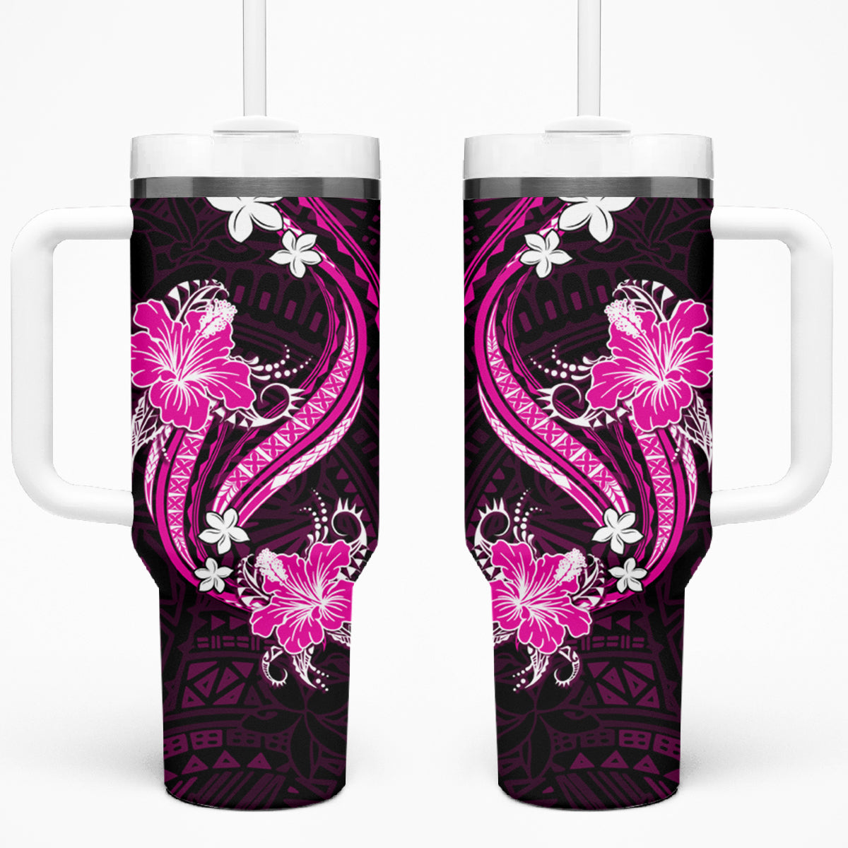 Pink Polynesian Pattern With Tropical Flowers Tumbler With Handle LT05 One Size: 40 oz Pink - Polynesian Pride