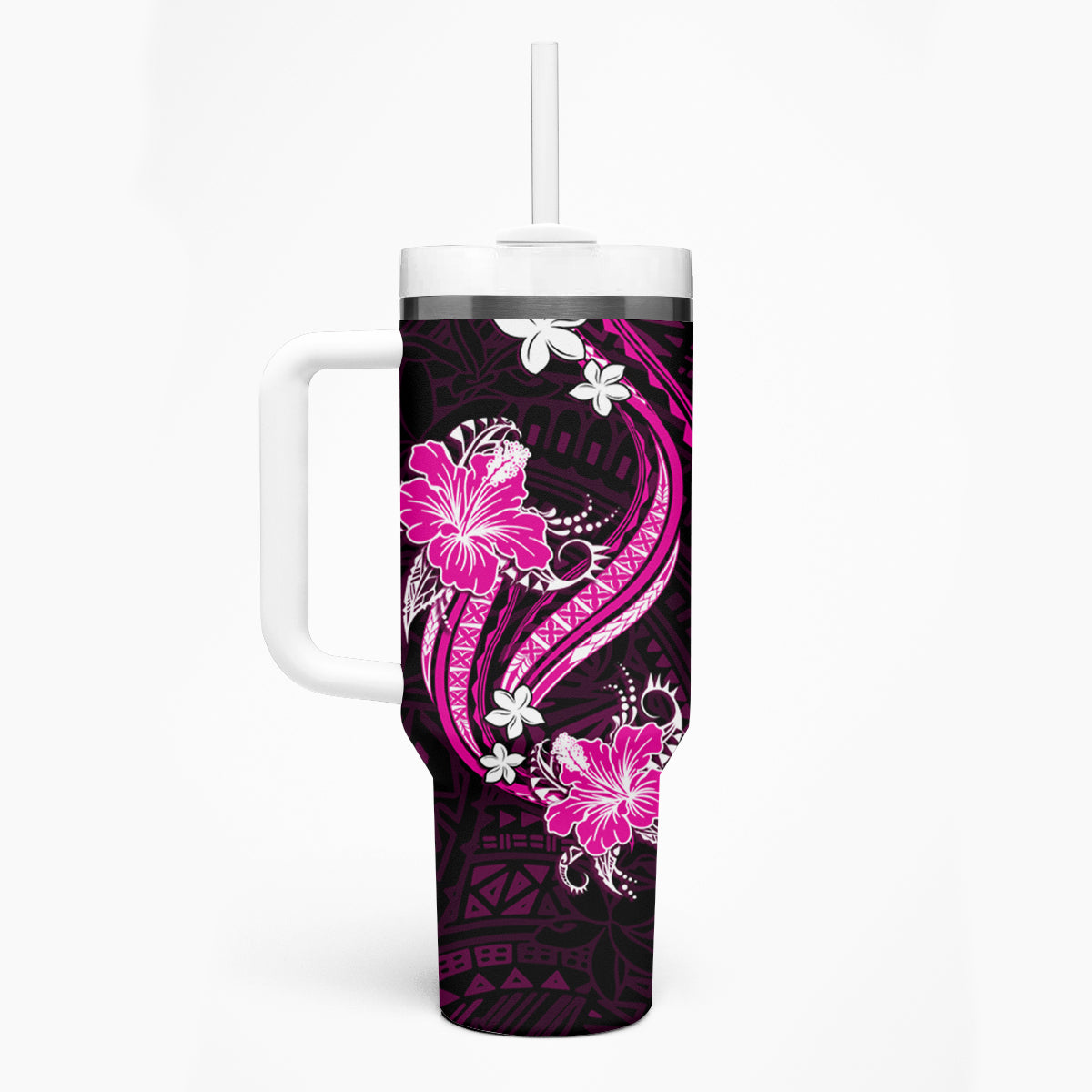 Pink Polynesian Pattern With Tropical Flowers Tumbler With Handle LT05 - Polynesian Pride