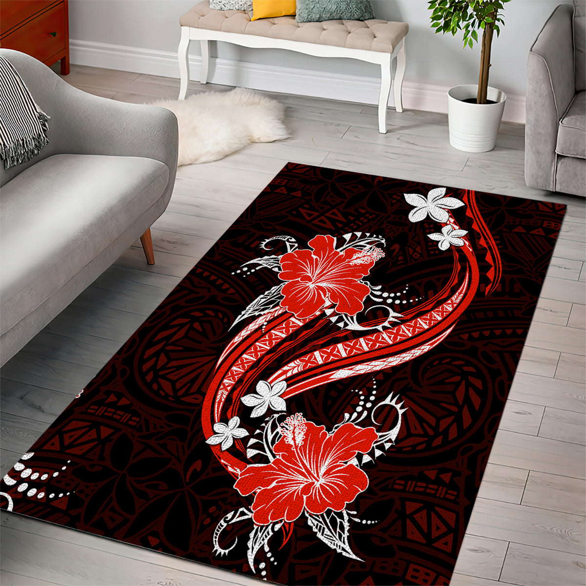 Red Polynesian Pattern With Tropical Flowers Area Rug LT05 - Polynesian Pride