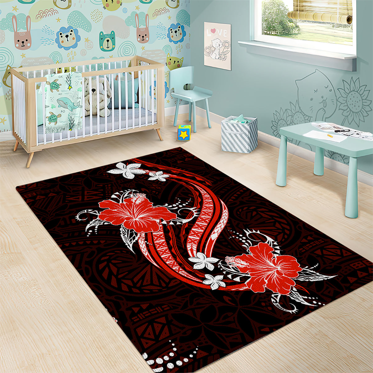 Red Polynesian Pattern With Tropical Flowers Area Rug LT05 - Polynesian Pride
