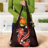 Red Polynesian Pattern With Tropical Flowers Grocery Bag LT05 - Polynesian Pride