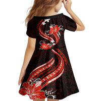 Red Polynesian Pattern With Tropical Flowers Kid Short Sleeve Dress LT05 - Polynesian Pride