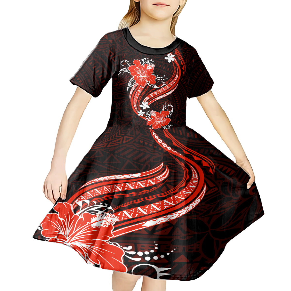 Red Polynesian Pattern With Tropical Flowers Kid Short Sleeve Dress LT05 - Polynesian Pride