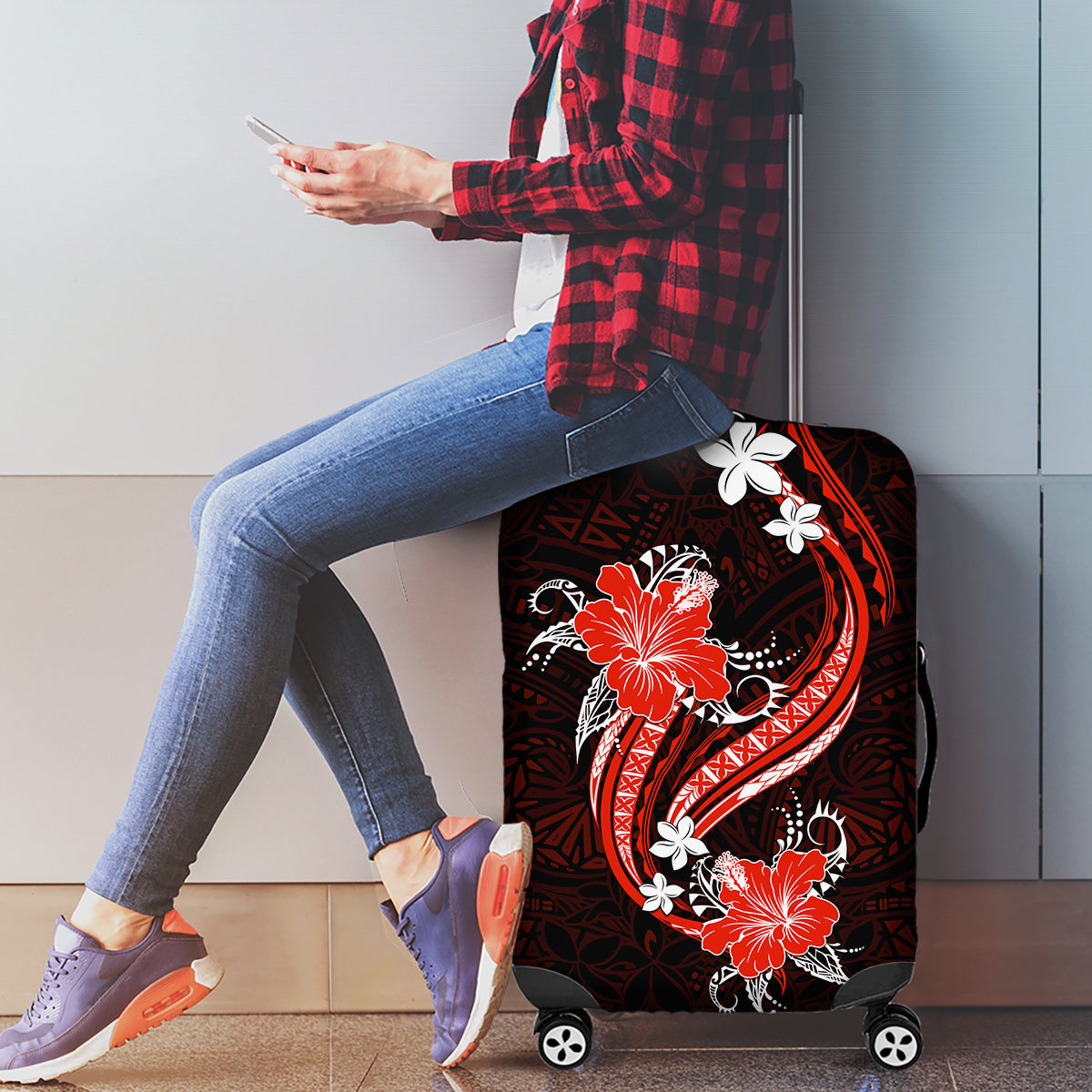 Red Polynesian Pattern With Tropical Flowers Luggage Cover LT05 - Polynesian Pride
