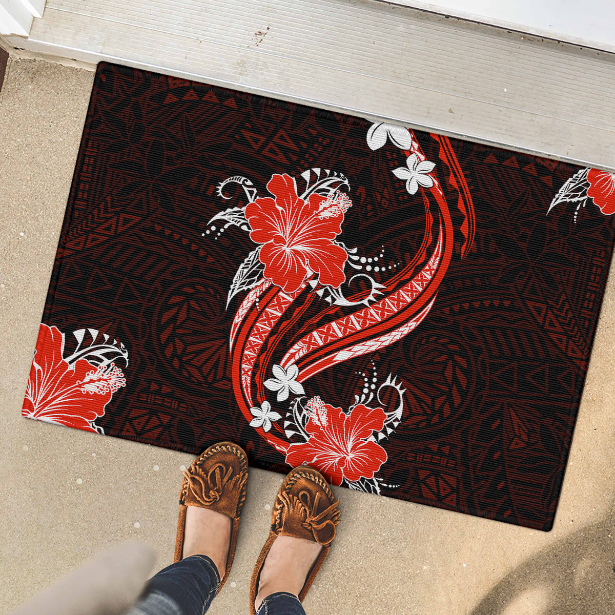 Red Polynesian Pattern With Tropical Flowers Rubber Doormat LT05 - Polynesian Pride