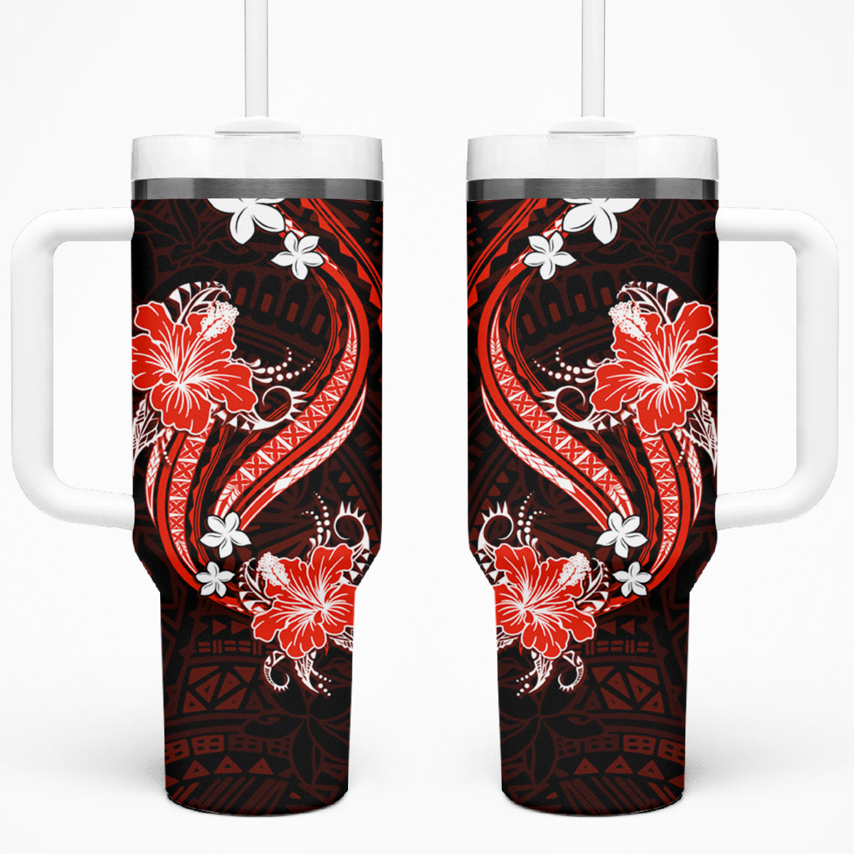 Red Polynesian Pattern With Tropical Flowers Tumbler With Handle LT05 One Size: 40 oz Red - Polynesian Pride