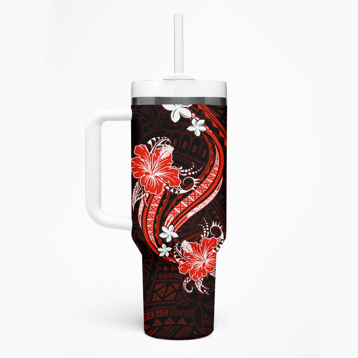 Red Polynesian Pattern With Tropical Flowers Tumbler With Handle LT05 - Polynesian Pride