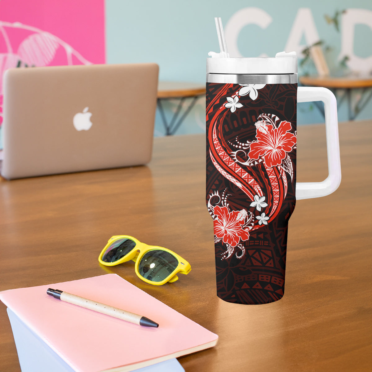 Red Polynesian Pattern With Tropical Flowers Tumbler With Handle LT05 - Polynesian Pride