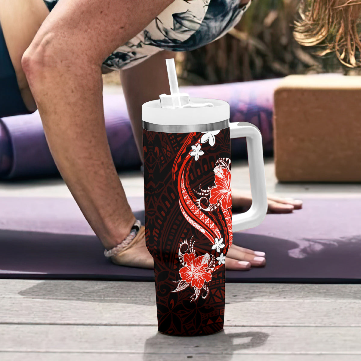 Red Polynesian Pattern With Tropical Flowers Tumbler With Handle LT05 - Polynesian Pride
