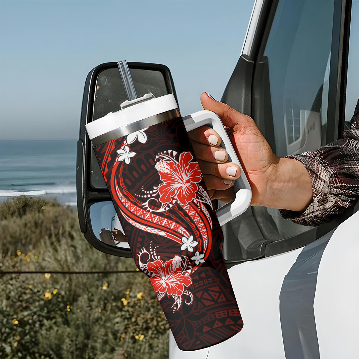 Red Polynesian Pattern With Tropical Flowers Tumbler With Handle LT05 - Polynesian Pride