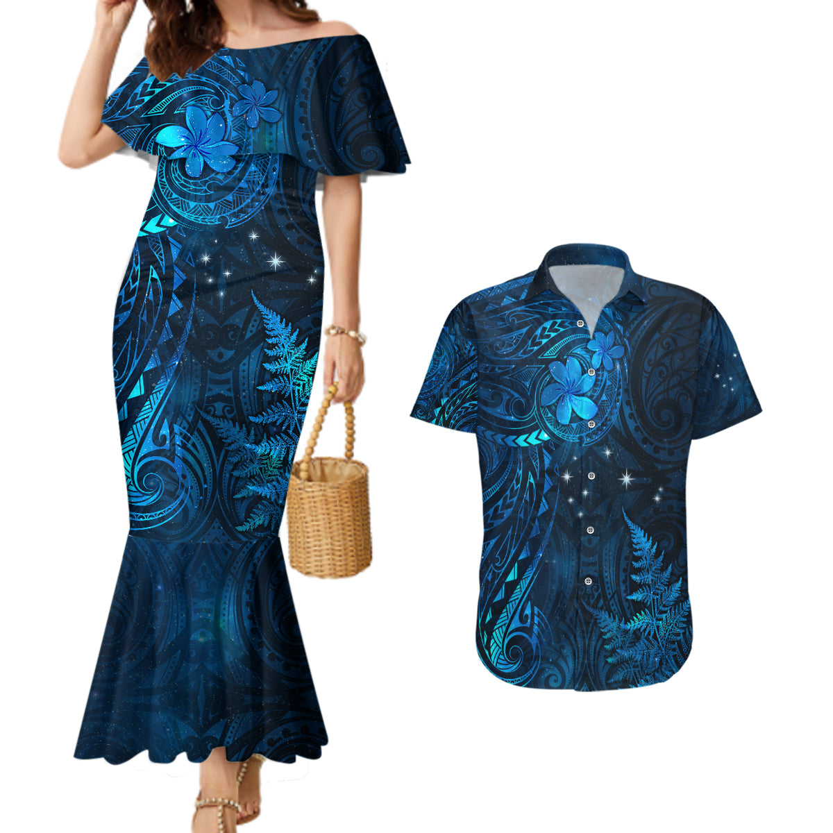 New Zealand Matariki Couples Matching Mermaid Dress and Hawaiian Shirt Maori New Year LT05 Blue - Polynesian Pride