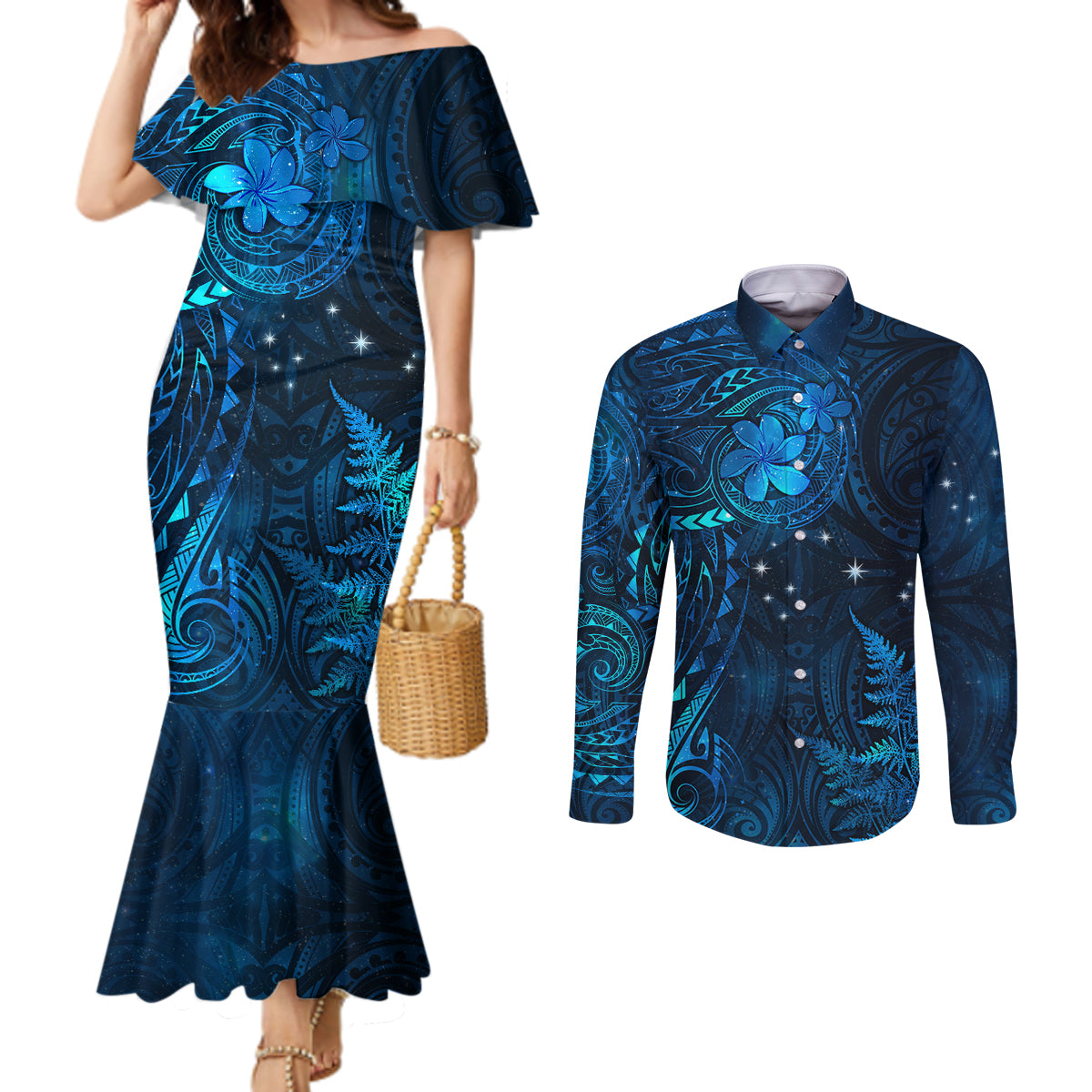 New Zealand Matariki Couples Matching Mermaid Dress and Long Sleeve Button Shirt Maori New Year LT05 Blue - Polynesian Pride