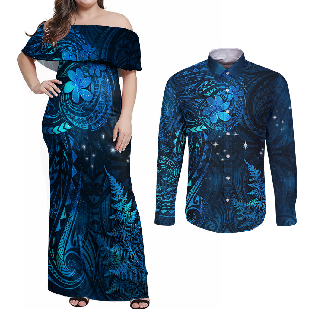 New Zealand Matariki Couples Matching Off Shoulder Maxi Dress and Long Sleeve Button Shirt Maori New Year LT05 Blue - Polynesian Pride