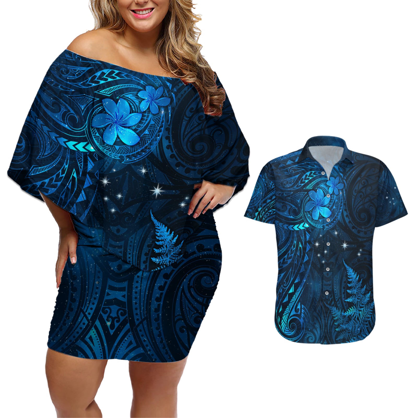 New Zealand Matariki Couples Matching Off Shoulder Short Dress and Hawaiian Shirt Maori New Year LT05 Blue - Polynesian Pride