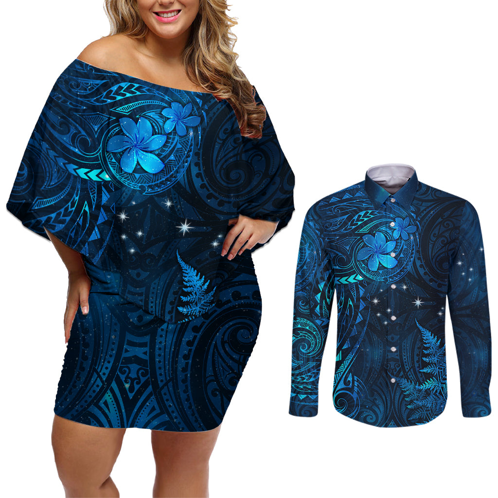 New Zealand Matariki Couples Matching Off Shoulder Short Dress and Long Sleeve Button Shirt Maori New Year LT05 Blue - Polynesian Pride