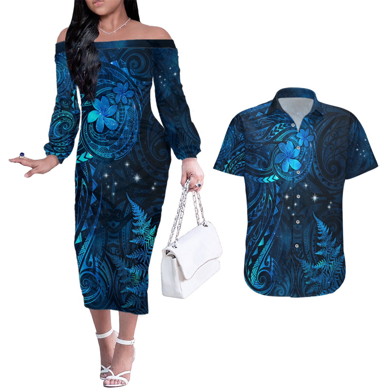 New Zealand Matariki Couples Matching Off The Shoulder Long Sleeve Dress and Hawaiian Shirt Maori New Year LT05 Blue - Polynesian Pride