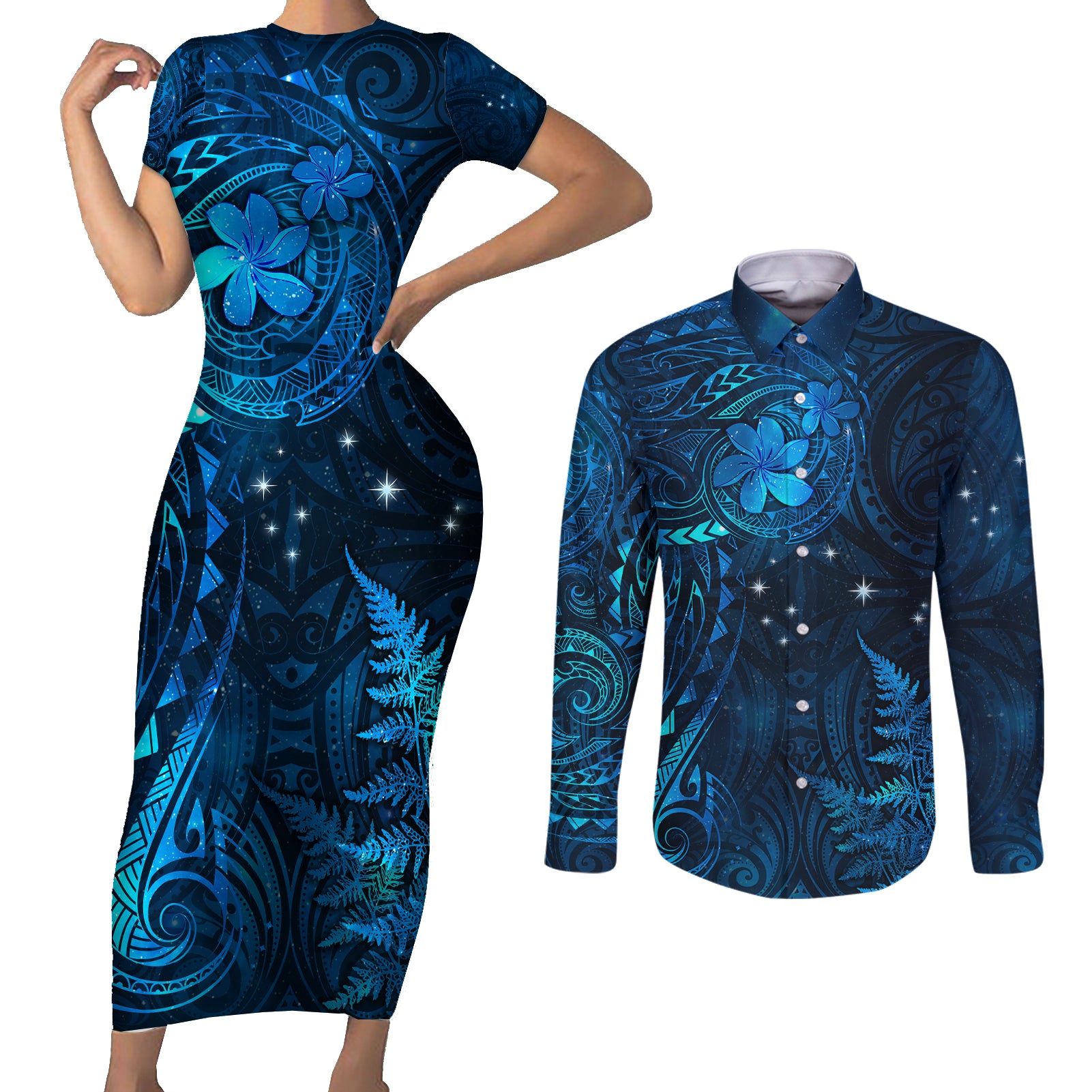 New Zealand Matariki Couples Matching Short Sleeve Bodycon Dress and Long Sleeve Button Shirt Maori New Year LT05 Blue - Polynesian Pride