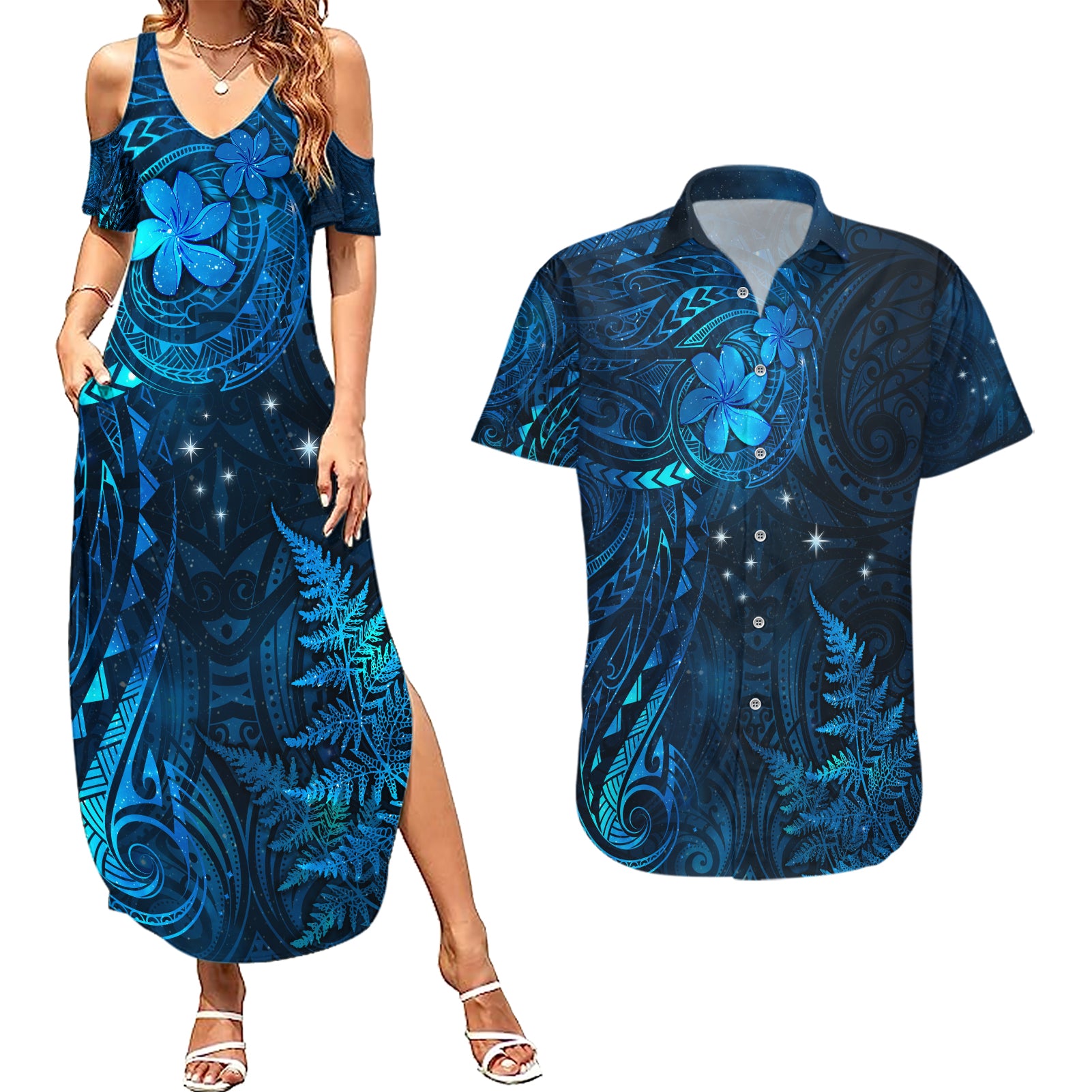 New Zealand Matariki Couples Matching Summer Maxi Dress and Hawaiian Shirt Maori New Year LT05 Blue - Polynesian Pride