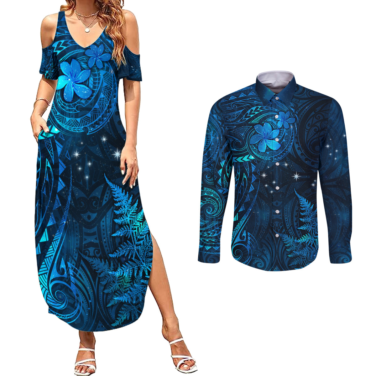 New Zealand Matariki Couples Matching Summer Maxi Dress and Long Sleeve Button Shirt Maori New Year LT05 Blue - Polynesian Pride