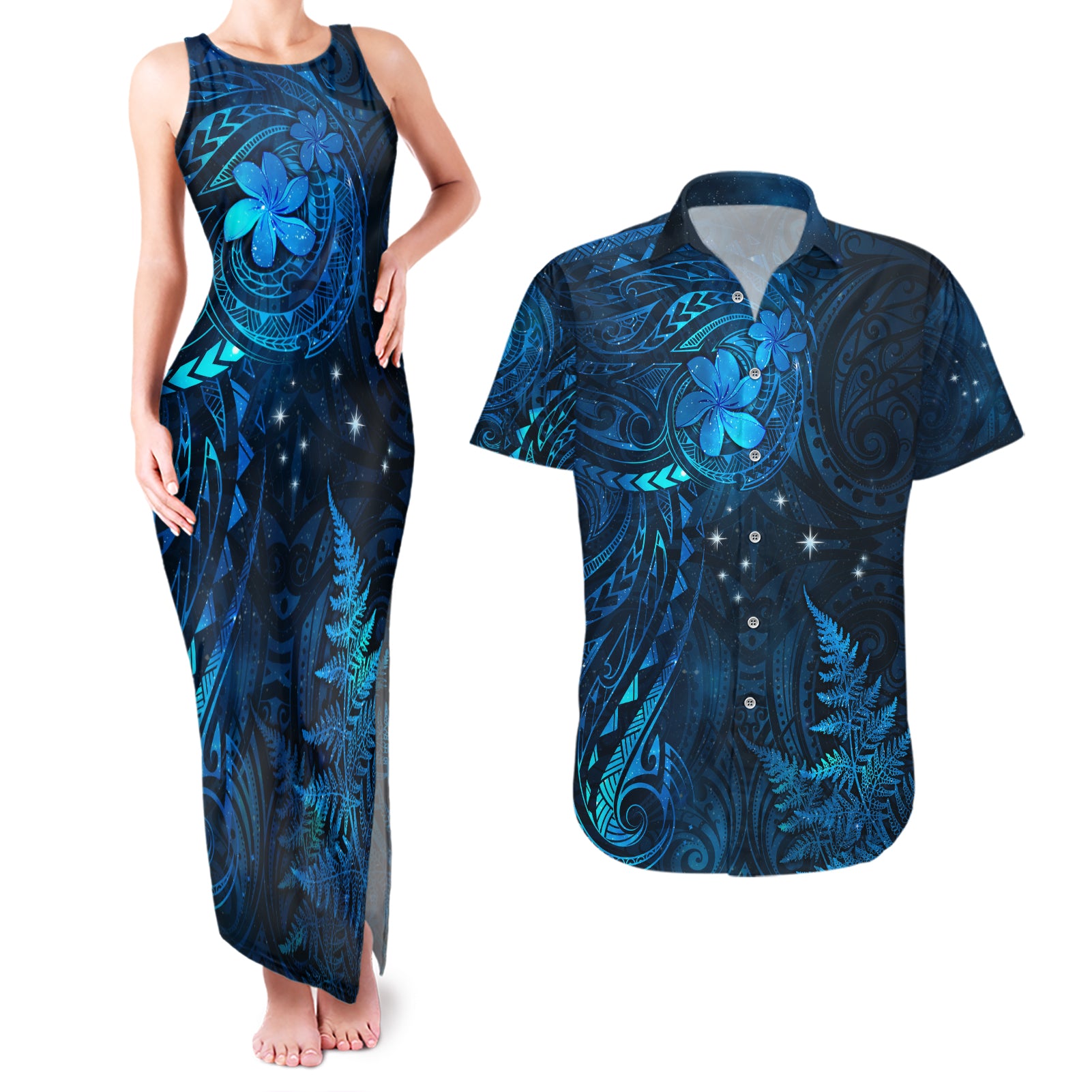 New Zealand Matariki Couples Matching Tank Maxi Dress and Hawaiian Shirt Maori New Year LT05 Blue - Polynesian Pride