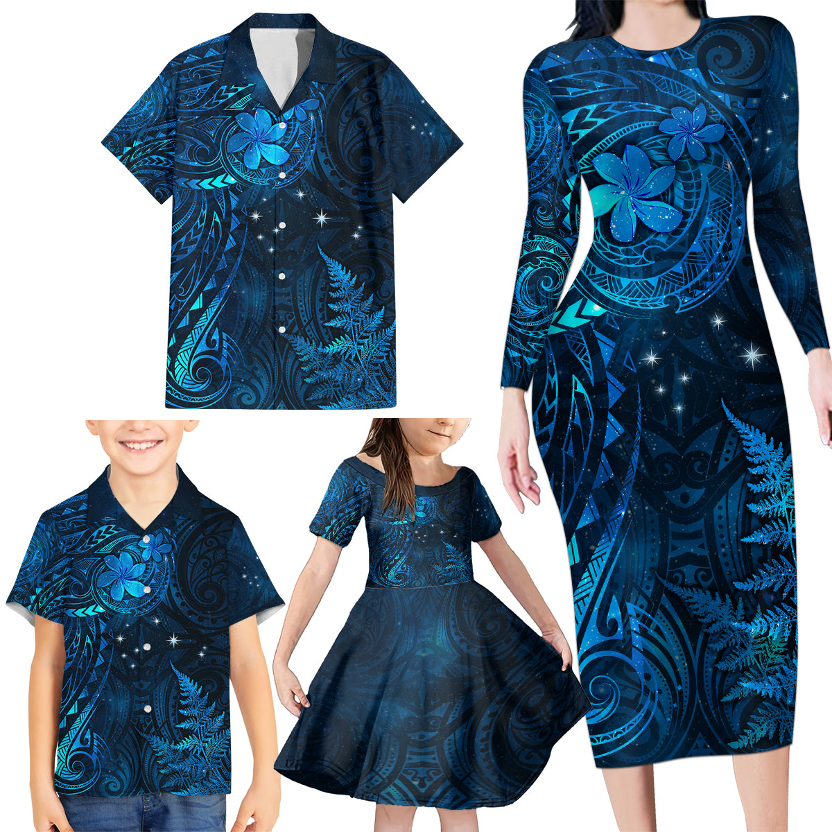 New Zealand Matariki Family Matching Long Sleeve Bodycon Dress and Hawaiian Shirt Maori New Year LT05 - Polynesian Pride