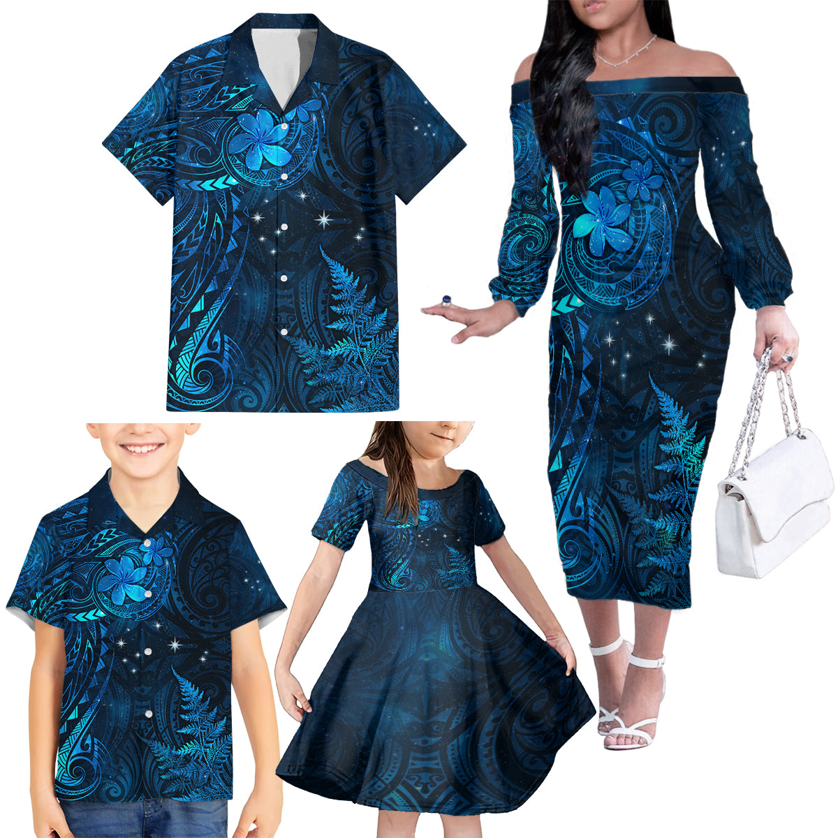 New Zealand Matariki Family Matching Off Shoulder Long Sleeve Dress and Hawaiian Shirt Maori New Year LT05 - Polynesian Pride