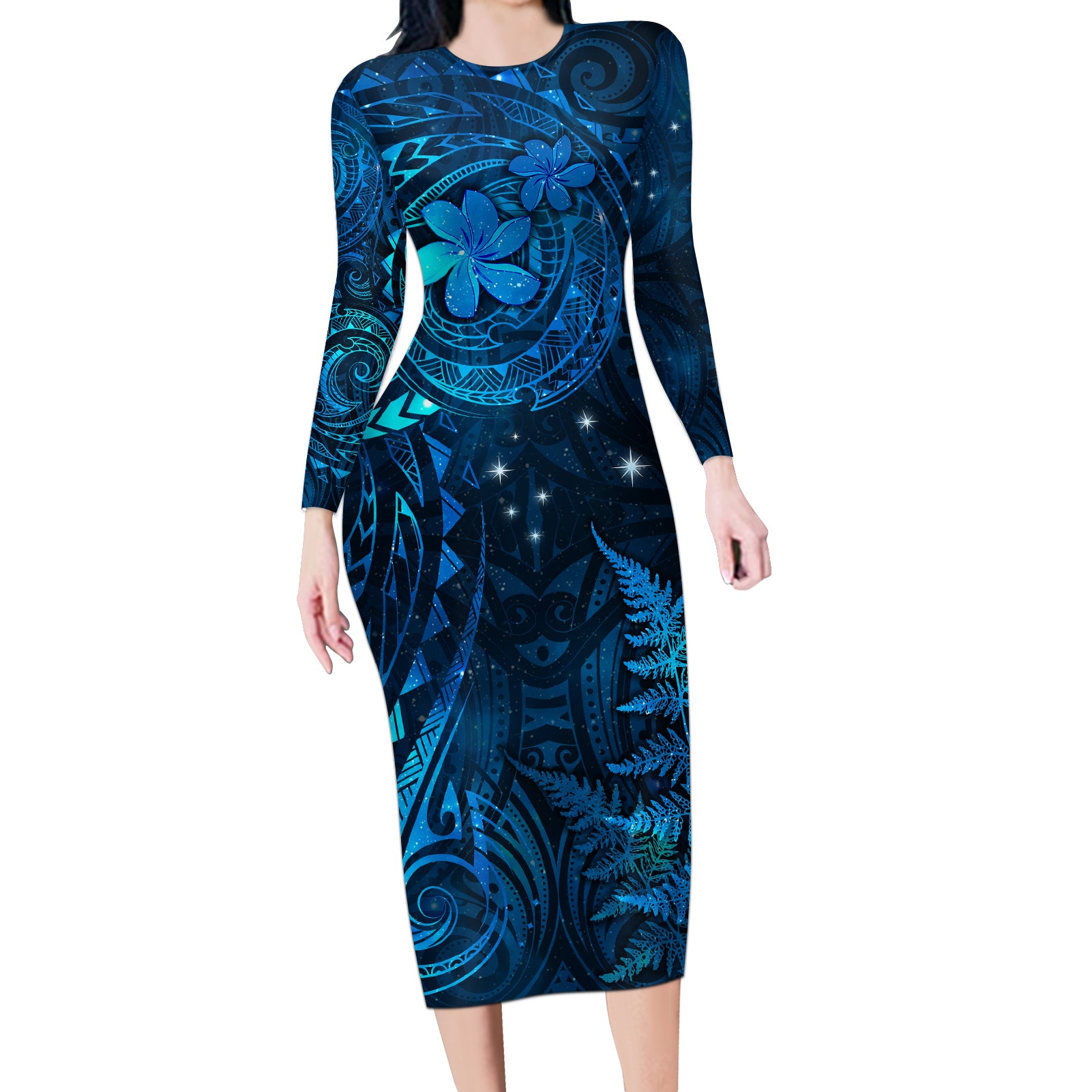 New Zealand Matariki Long Sleeve Bodycon Dress Maori New Year LT05 Long Dress Blue - Polynesian Pride