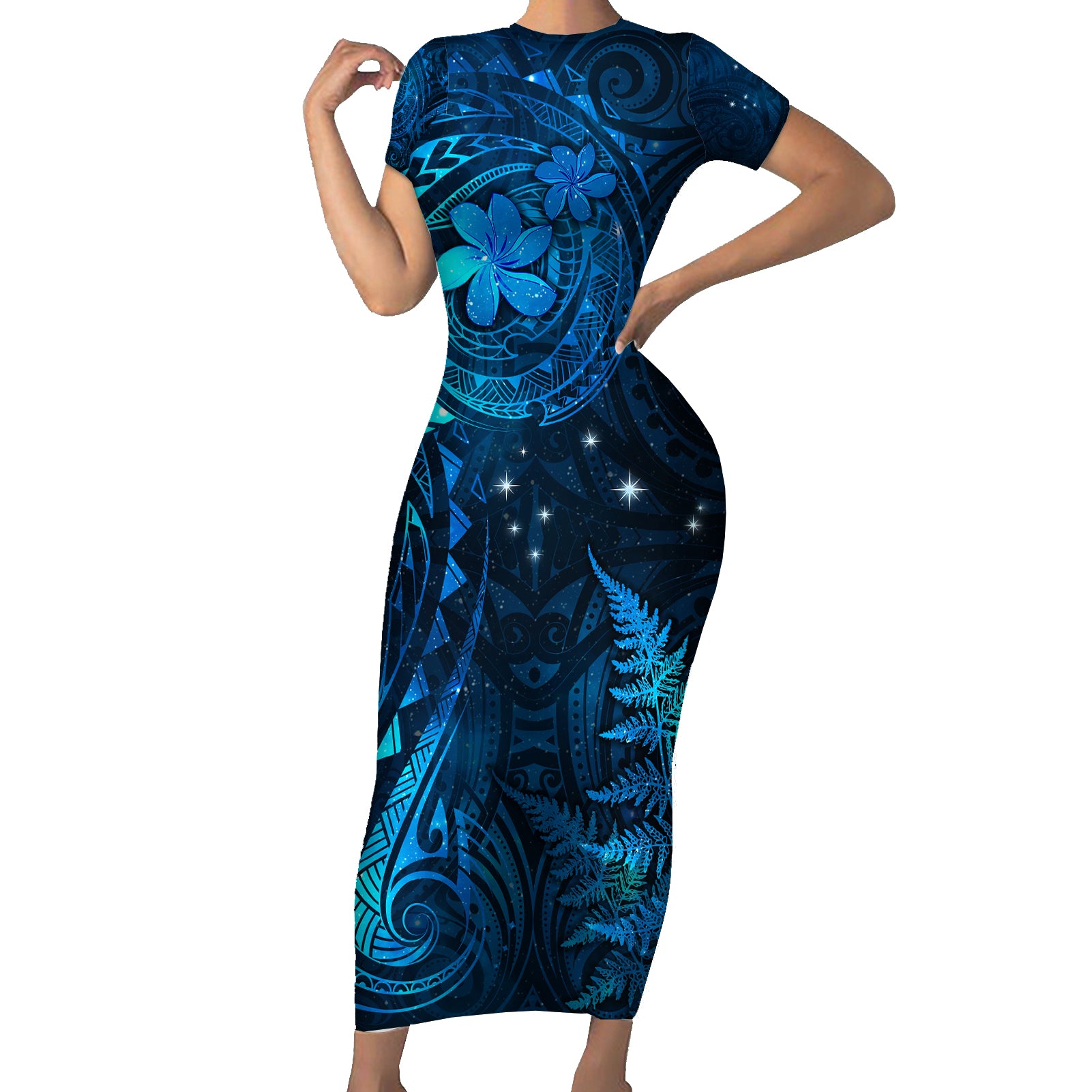 New Zealand Matariki Short Sleeve Bodycon Dress Maori New Year LT05 Long Dress Blue - Polynesian Pride