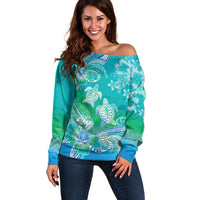 Polynesia Sea Turtle Couple Off Shoulder Sweater I Am Turtley In Love With You LT05 Women Turquoise - Polynesian Pride