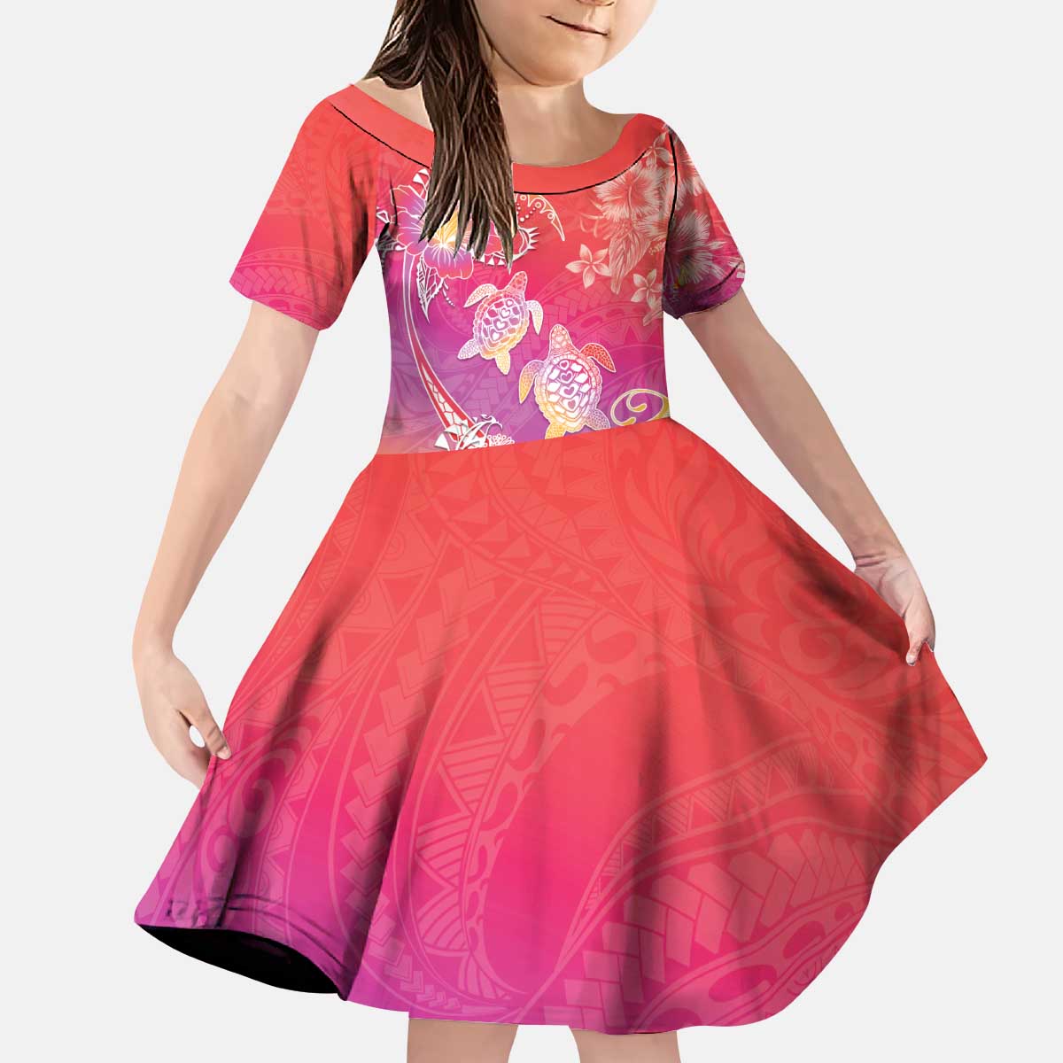 Polynesia Sea Turtle Couple Kid Short Sleeve Dress One Soul One Love LT05 KID Red - Polynesian Pride