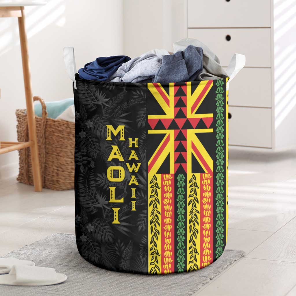 Hawaii Maoli Spirit Laundry Basket Kakau Pattern With Flower Lei LT05 Black - Polynesian Pride