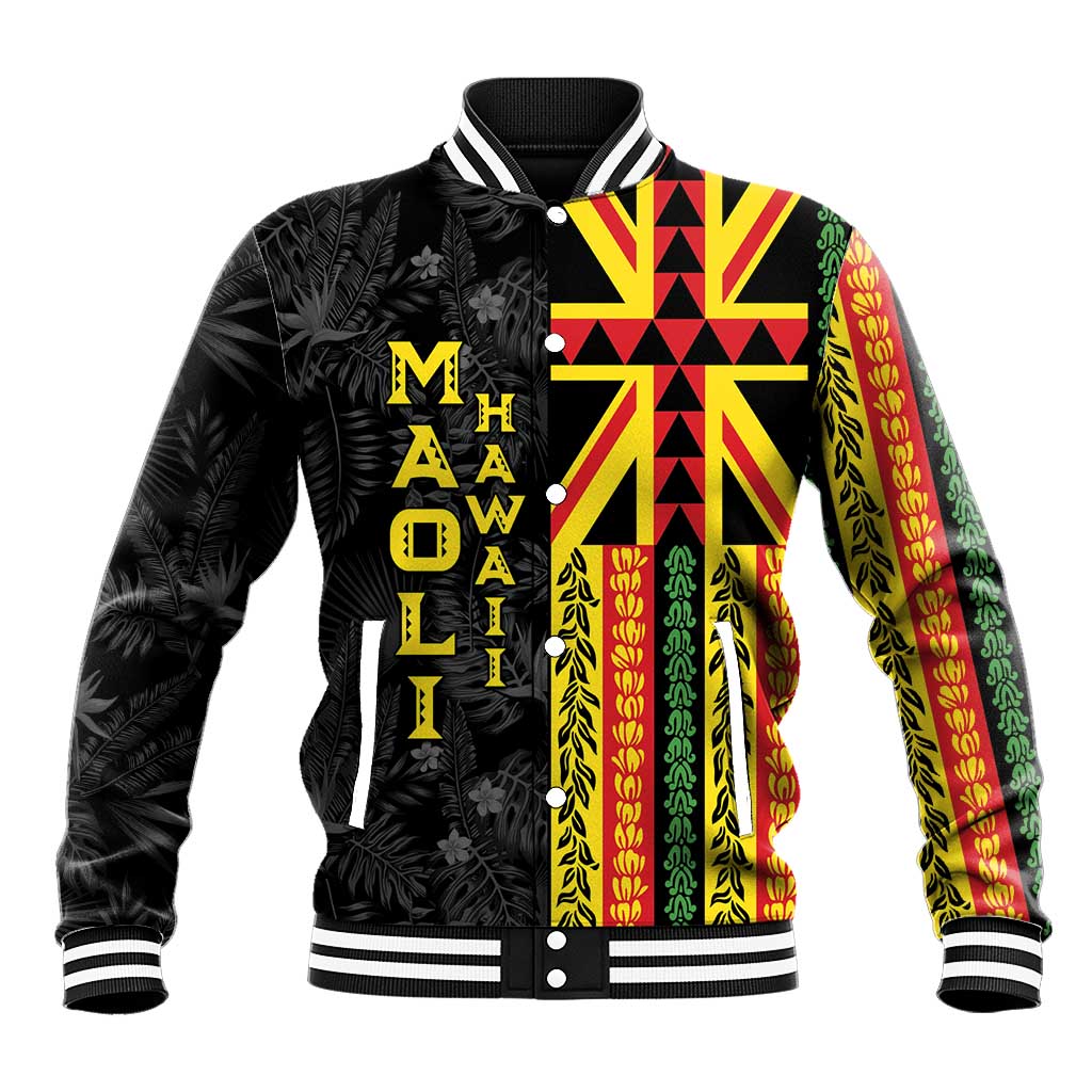 Hawaii Maoli Spirit Baseball Jacket Kakau Pattern With Flower Lei LT05 Unisex Black - Polynesian Pride